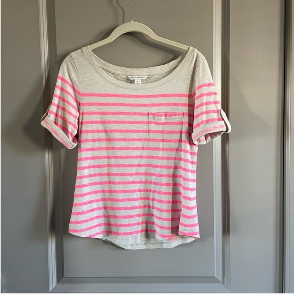 Banana Republic- light tan and pink striped shirt. Worn once.
